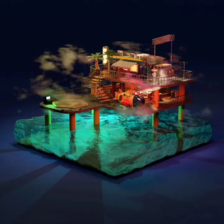 A house on stilts on a small island over glowing water