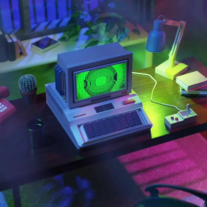 An old computer with a green screen